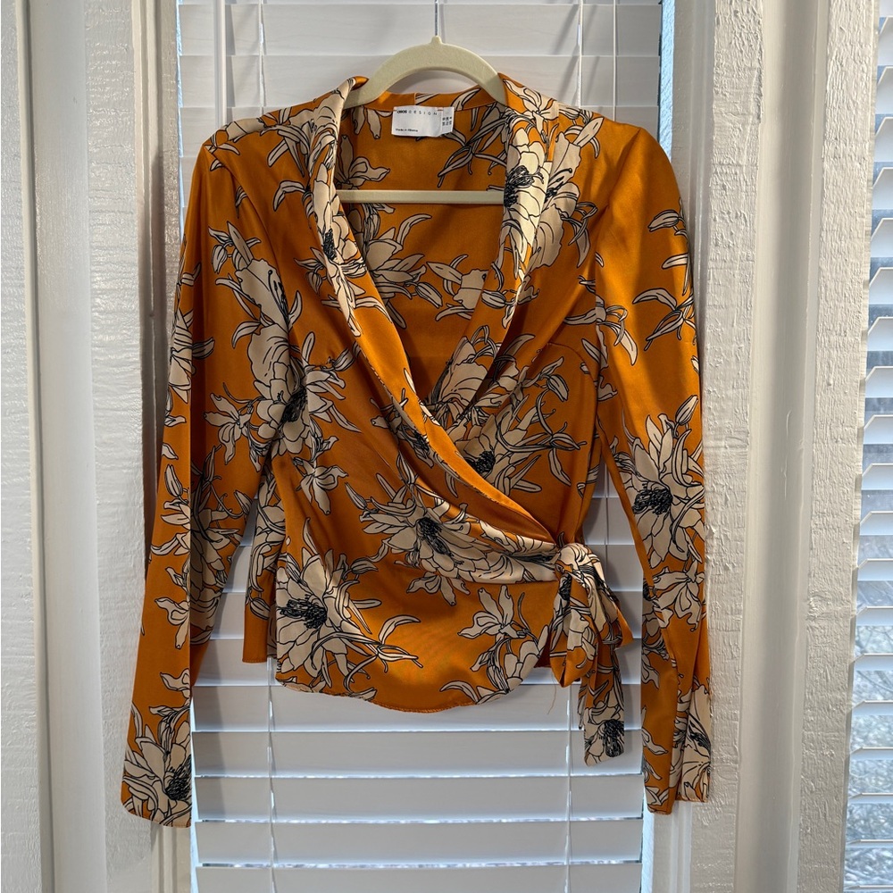 Floral Wrap Blouse in Mustard and Cream